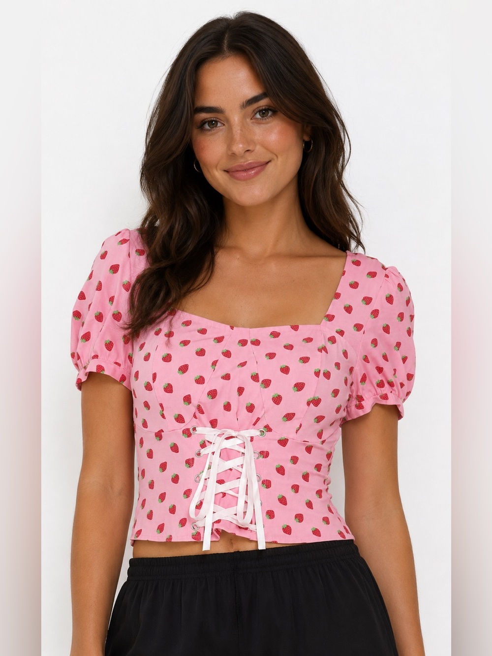 Hot Topic Pink Strawberry Lace-Up Crop Top